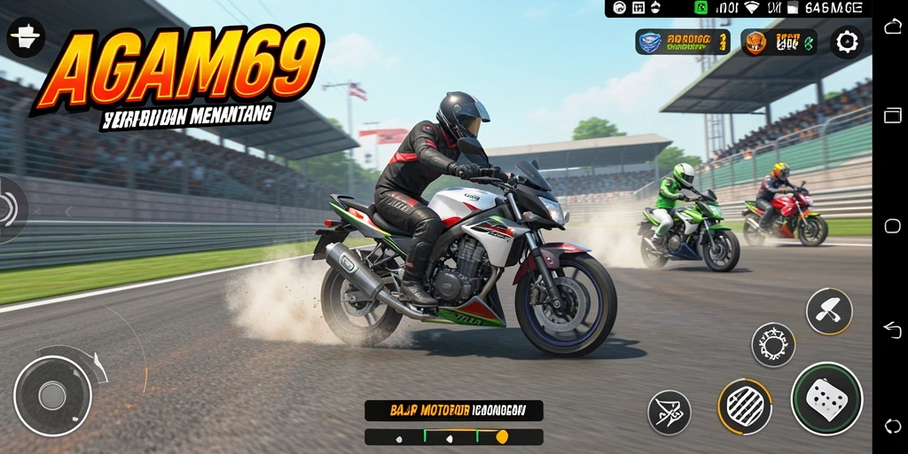 Tampilan gameplay AGAM69 dengan berbagai motor dan lintasan balap yang menantang.