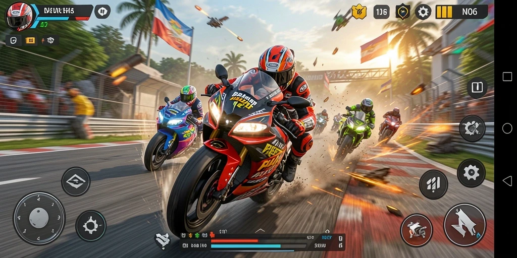 Screenshot utama N06 menampilkan aksi balap motor yang mendebarkan.