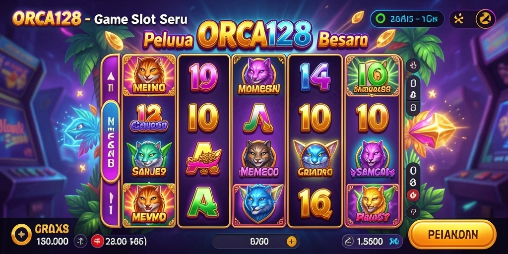 Tampilan gameplay seru dari ORCA128 menunjukkan berbagai simbol menarik.