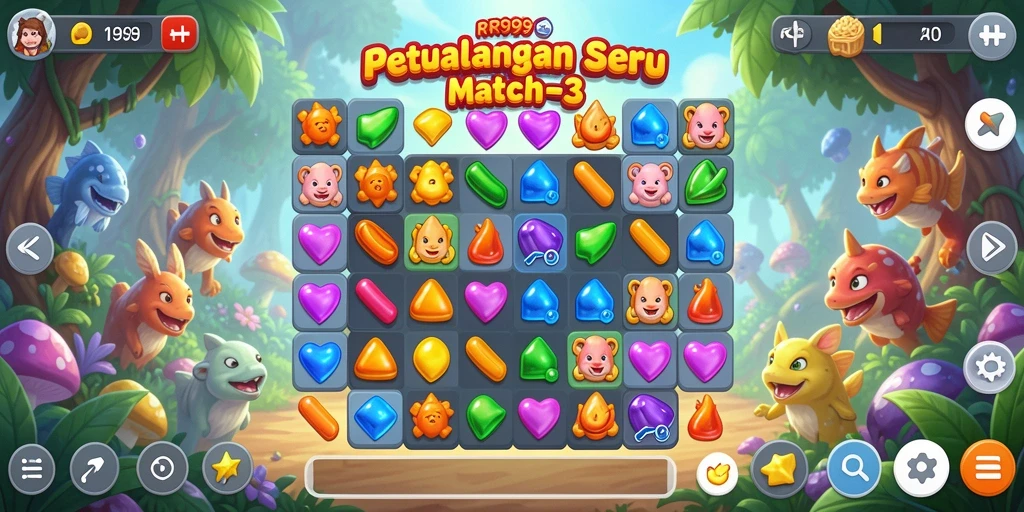 Tangkapan layar permainan RR999 dengan tampilan tingkat Match-3 yang menarik.