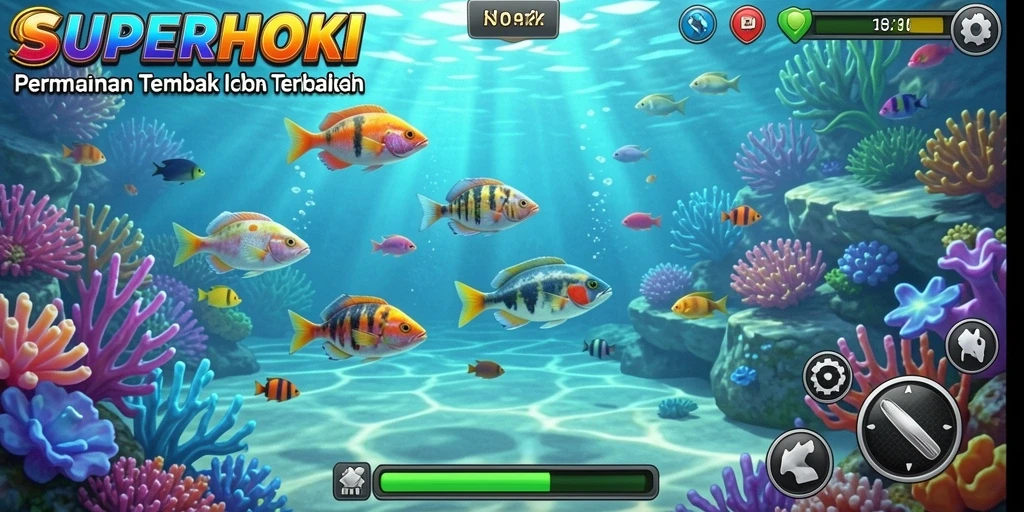 Screenshot utama permainan SUPERHOKI menunjukkan serunya berburu ikan di lautan.